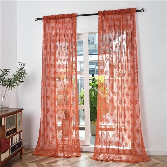 Burnt Orange Sheer Curtains for Bedroom, Country Rustic Floral Fall Curtains - Picture 2 of 7